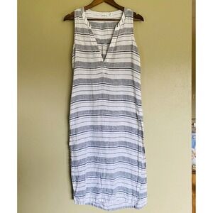 Athleta 100% Linen Stripe Midi Dress Womens XS Navy and Cream Resortwear Beach